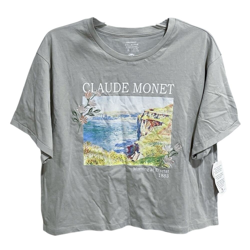 Organic Generation Boxy Crop Monet Painting Tee Size XL Embroidered Flowers